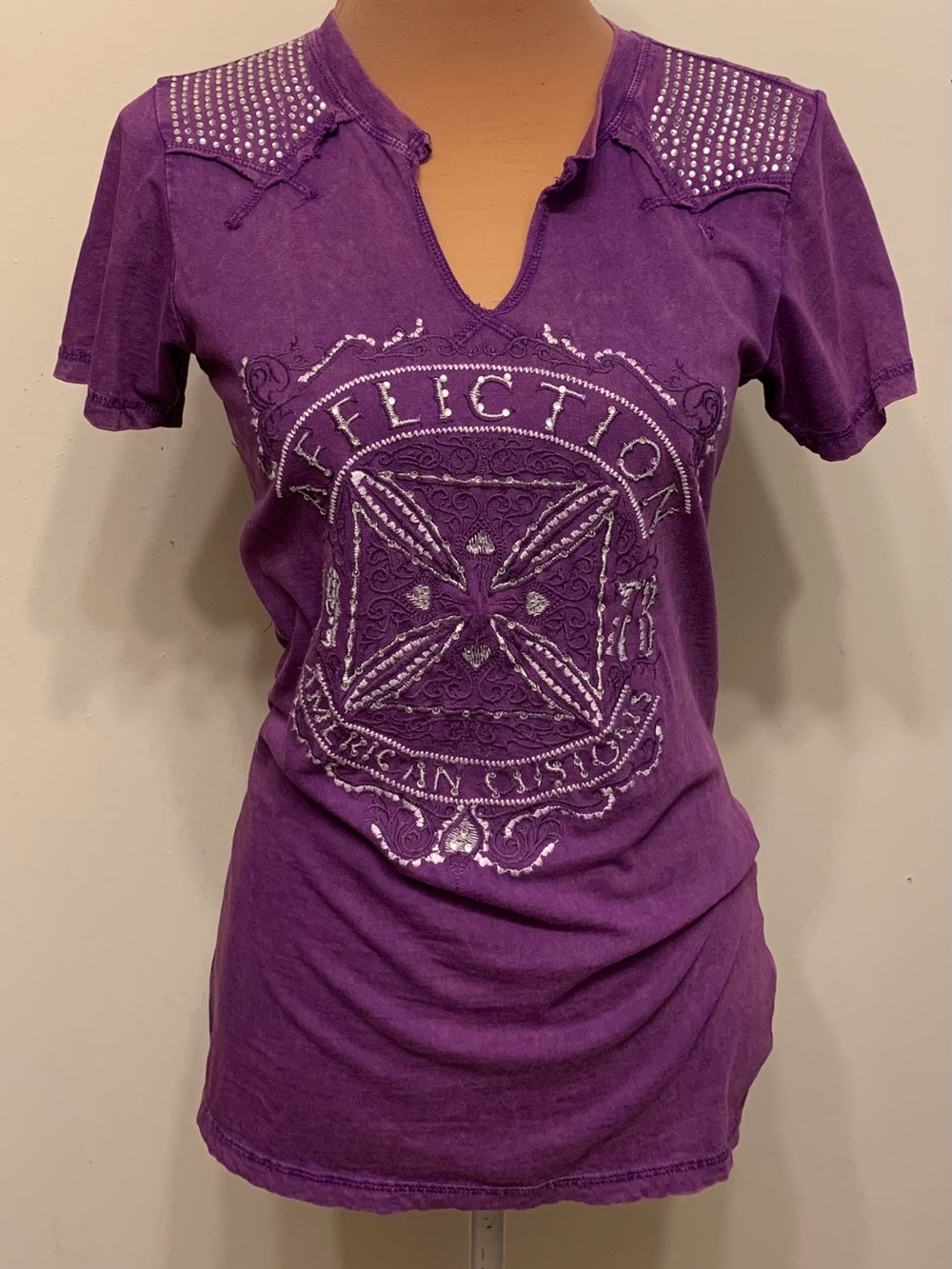 Affliction Purple tee with Rhinestones